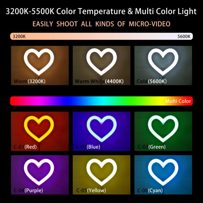 Selfie Ring Light with Tripod Stand, 19"RGB LED Heart-Shaped Ring Light with Phone Holder 0-100% Dimmable Live-Fill Lamp with USB Output Port for Video Conference Photography - Image 5
