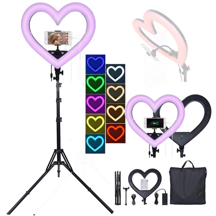 Selfie Ring Light with Tripod Stand, 19"RGB LED Heart-Shaped Ring Light with Phone Holder 0-100% Dimmable Live-Fill Lamp with USB Output Port for Video Conference Photography - Image 1